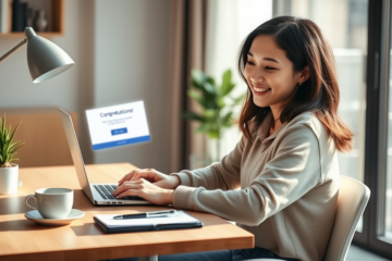 A person happily reviewing their instant credit approval on a laptop.