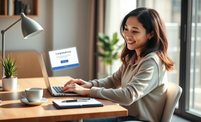 A person happily reviewing their instant credit approval on a laptop.