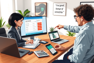 A person analyzing loan options using a calculator and Excel for a loan simulation.