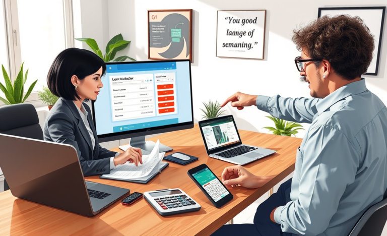 A person analyzing loan options using a calculator and Excel for a loan simulation.